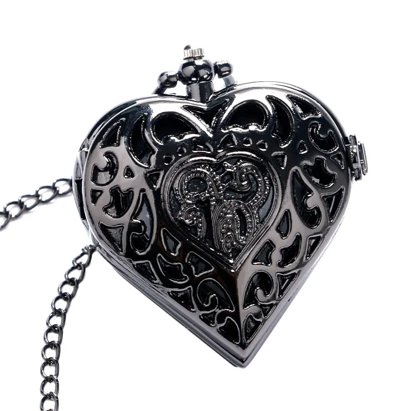 Elegant Black Hollow Heart Shape Quartz Fob Pocket Watch With Sweater Necklace Chain Gift To Women Girls