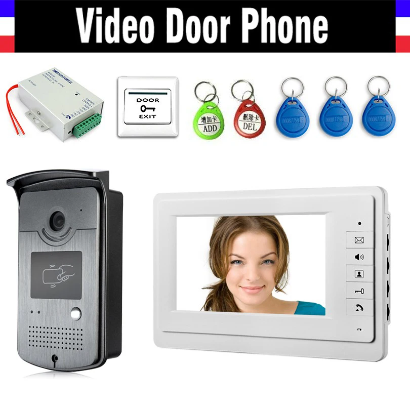 

7" Screen Video Doorbell Door Phone Intercom System 5 PCS RFID keyfob + IR Night Vision Camera + Power Supply+ Door Exit