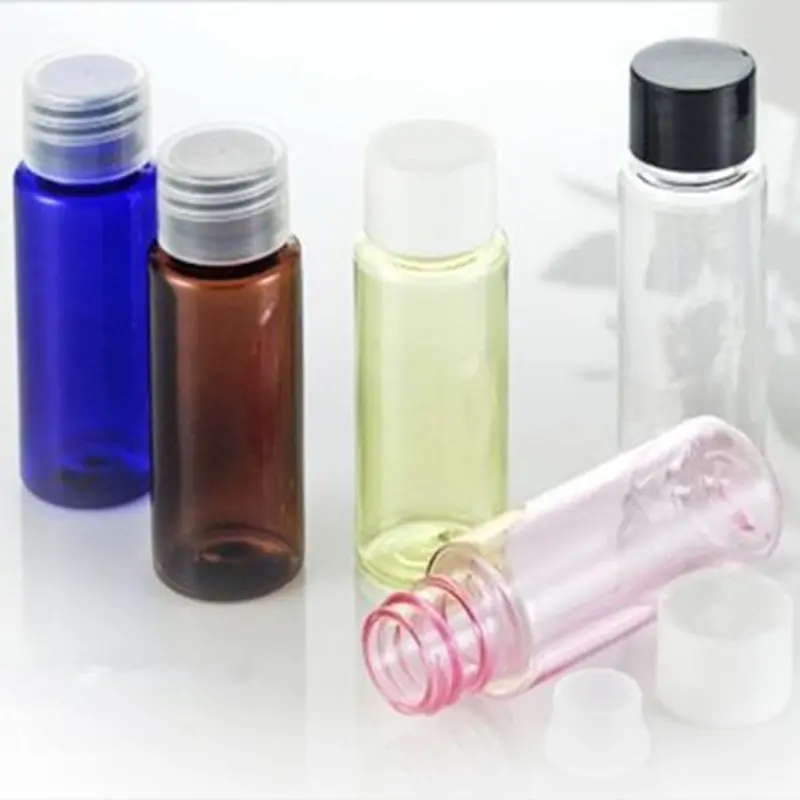 Bouteille PET en plastique avec bouchon à vis et bouchon, 20 pièces/lot, 20ml, rose, blanc, ambre, marron, bleu