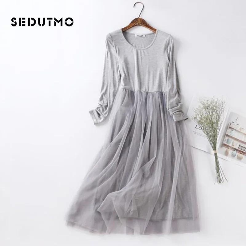 SEDUTMO 2018 Spring Long Sleeve Gauze Lace Dress Women Tunic Basic Long Dresses Summer Modal Mesh Black Sexy Party Dress ED098