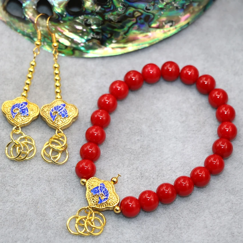 Red artificial coral round beads 8mm strand bracelet earrings for women high quality cloisonne jewelry set 7.5inch B3029