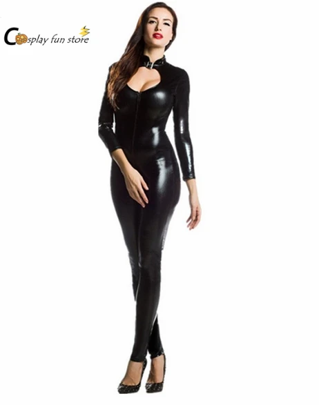 

Metallic Lycra Turtleneck Long Sleeve Unitard Black Adult One Piece Wet Look Footed Mock Neck Shiny Dance Catsuit Zip Back