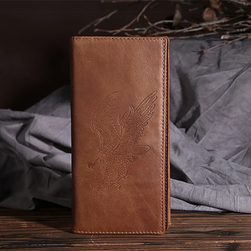 Unisex Genuine Oix Wax Leather Long Wallet Eagle Pattern Design Men Coin Pocket ID/Credit Card Holder Women Bifold Purse