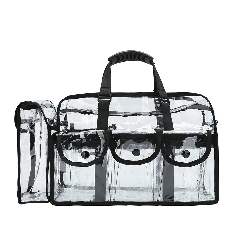 Professional Clear PVC cosmetic make up carry bag with 6 external pockets and detachable shoulder strap