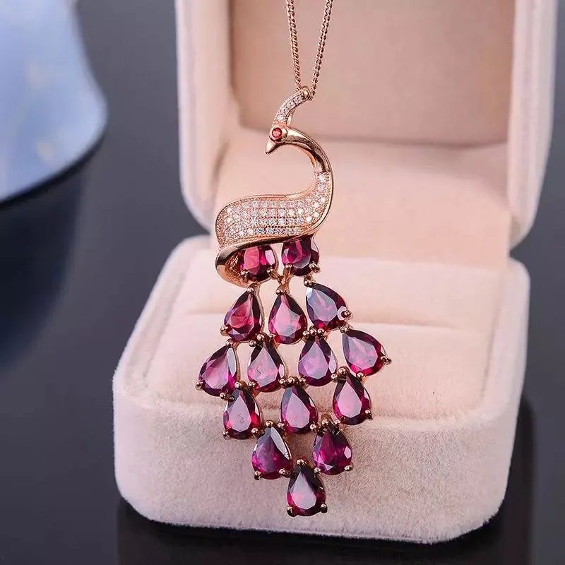 

exquisite peacock shape red garnet gemstone pendant of necklace for women jewelry 925 sterling silver natural gem cost-effective