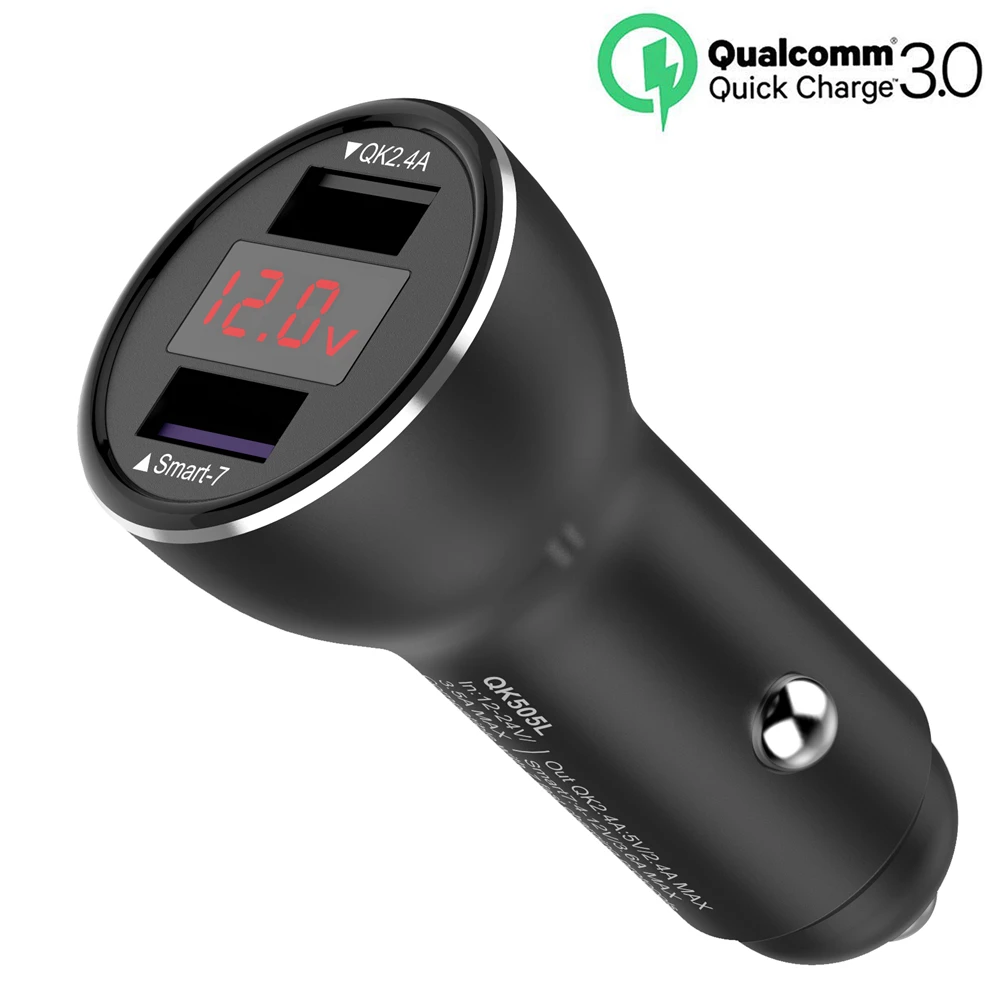 

Quick Charge 3.0 Car Charger, 30W Dual USB Car Adapter Fast Charger With Voltage Display for iPhone, Huawei, Sumsang, Xiaomi