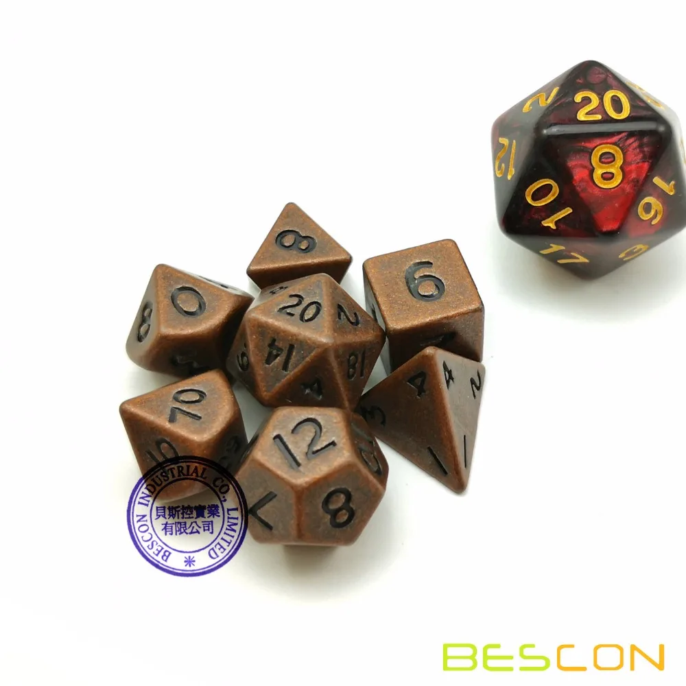 Bescon conjunto de mini dados de metal, 10mm, metal sólido, cobre antigo, mini metálico em poliéster, d & d, rpg, miniatura, 7 conjuntos