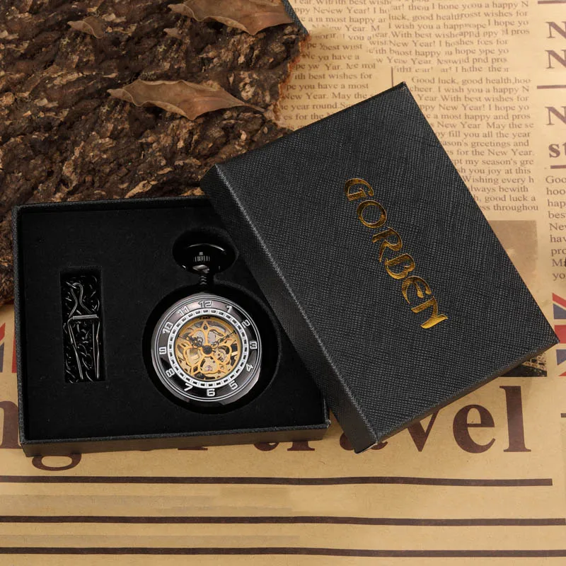 2021 Vintage Black Gold Mechanical Watch Hand Wind Mechanical Pocket Watch Roman Numerals Skeleton Fob Chain Men Male Watch