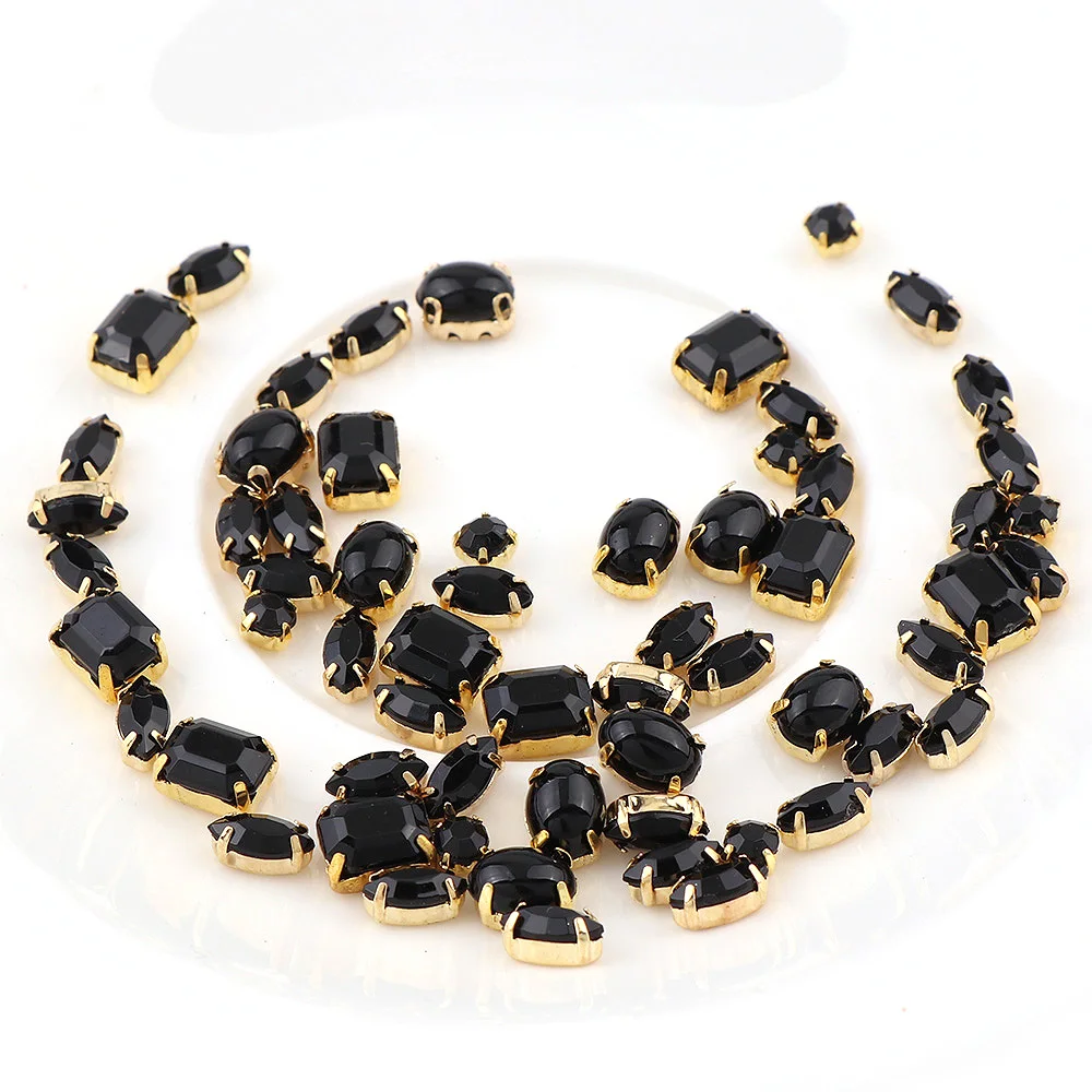 60Pcs Mixed Shape Black Resin Opal With Gold Base Copper Claw Stone Strass Diamond Stones For DIY Nail Art Decoration