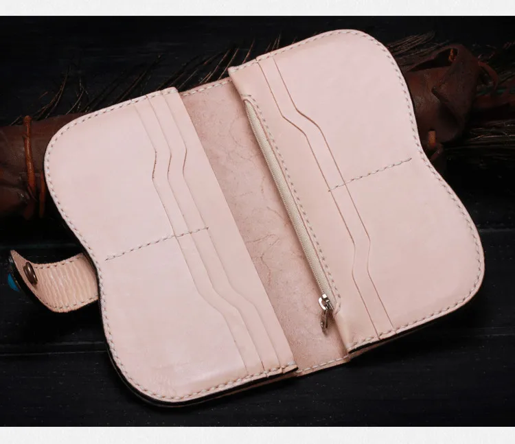 Hand Engraving Genuine Leather Wallets Carving Floral Bag Purses Women Clutch Vegetable Tanned Leather Flowers Wallet