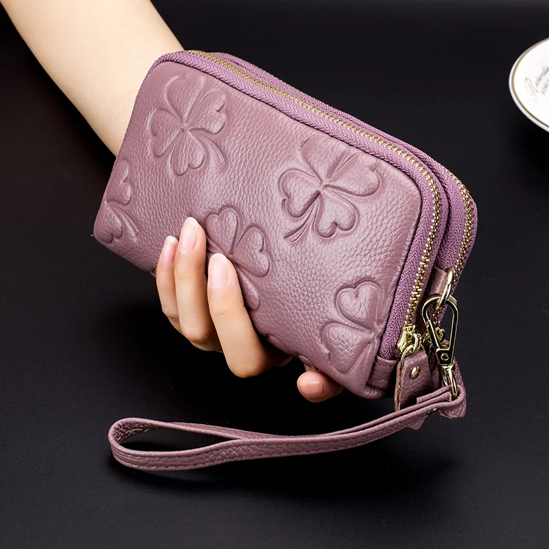 Real Leather Women Long Wallet Ladies Double Zipper Coin Purse Four-Leaf Clover Card Holder Female Cute Money Bag Luxury Clutch