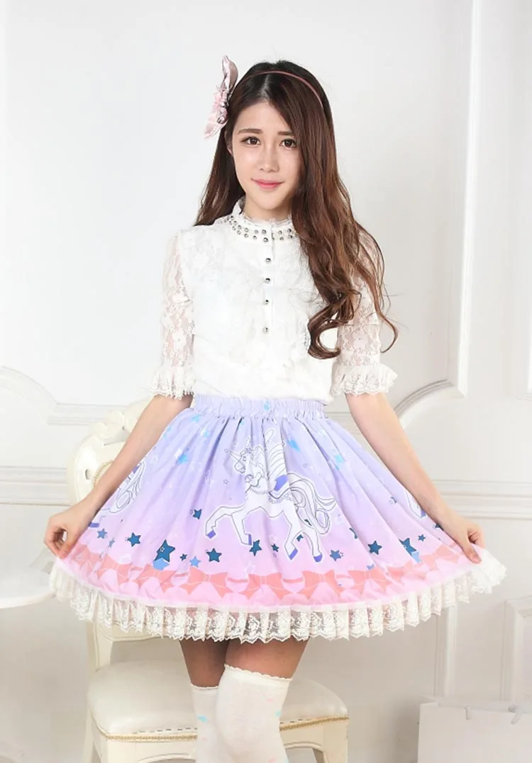 

Summer Women Pink Bow Stars Unicorn Print Lolita Princess Pleated Lace Soft Girl Japanese Kawaii Fashion Purple Skirts