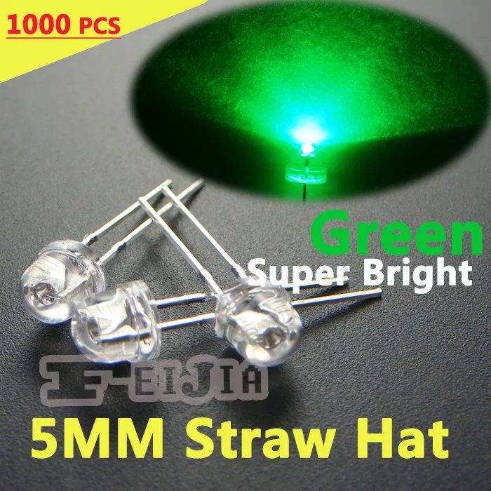 

1000 pcs 5mm Straw Hat Green LED Water Clear Lndicator lights Super bright Wide Angle LED Diode [GREEN] Free Shipping