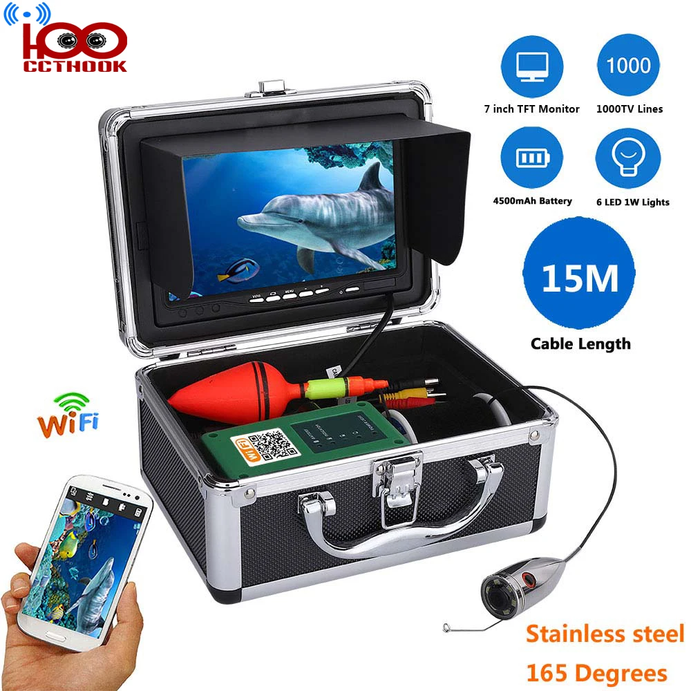15m Cable WIFI Wireless Fish Finder with 720P 1000TVL Underwater Fishing Video Camera 7 Inch Color Monitor Free Mob APP Viewing
