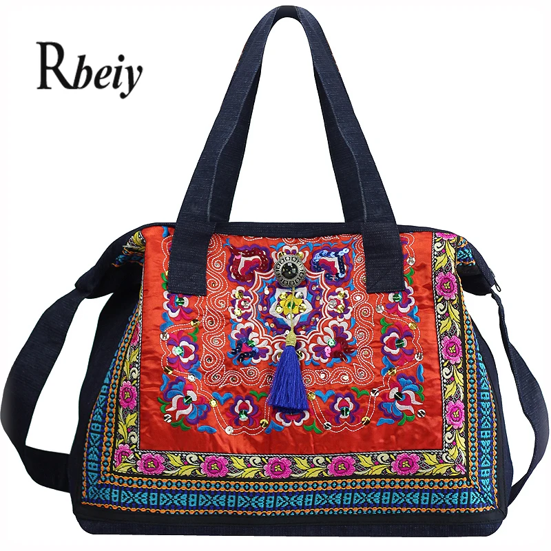 On sales Women\'s bag Bohemia large Denim bag embroidered Vintage Sequin bag National style shoulder Messenger bags