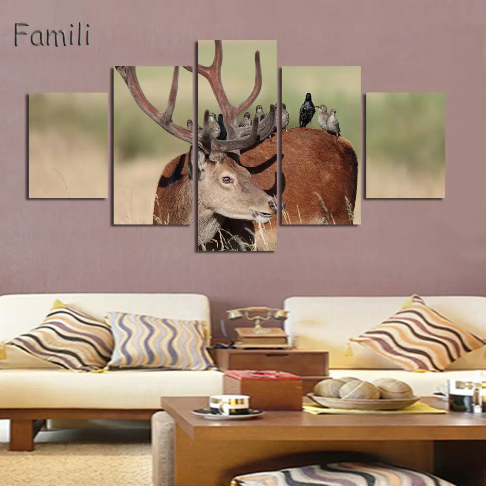 

5 Picture Deer House Wall Decoration Painted Wall Art Canvas Printed Painting Living Room Beautiful Painting