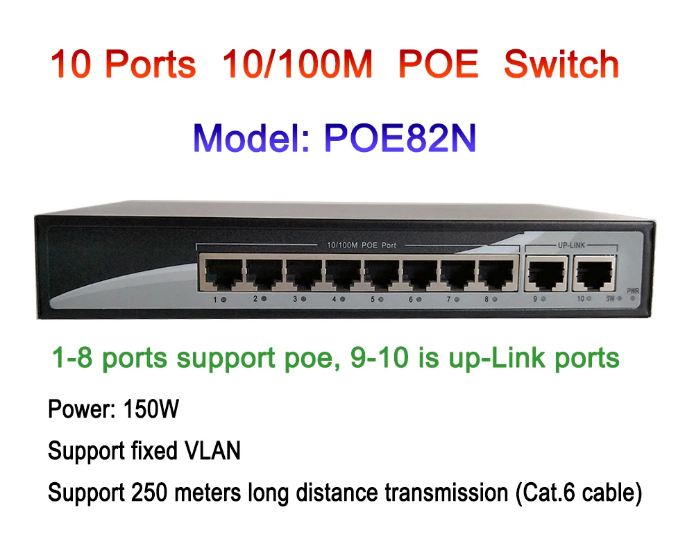 

250m 10 Ports Extend Ethernet Switch with 8 Ports PoE + 2 Uplink 10/100Mbps IEEE 802.3af/at 150W