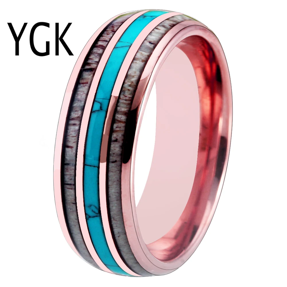 

Fashion Wedding Rings FOR Women 8MM Rose Gold Tungsten Antler Turquoise Inlay Wedding Rings for Men Engagement Anniversary Gift