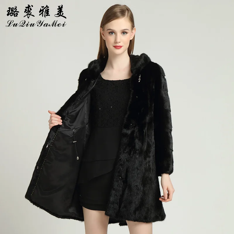 Luxury Skirt Shape Mink Coat with A Hood Customized Real Fur Coat Mink Fur Jackets Outwear Russian Winter Warm Mink Coats Women