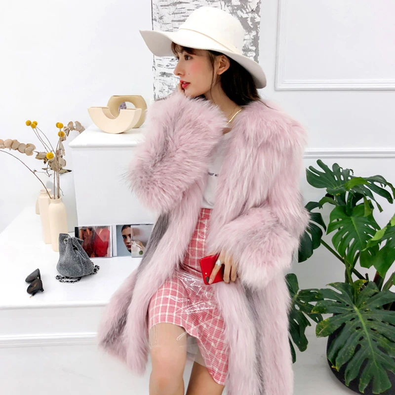 Ftangaiur New Winter Weave Women Import Fox Fur Coat Slim Turn-Down Collar Pink Loss Fox Fur Coats Real Short Fox Fur Coats