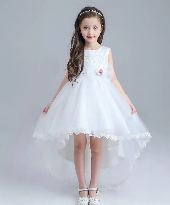 2017 New Wedding Party Formal Flowers Girl Dress Baby Pageant Dresses Birthday Cummunion Toddler Kids Tulle girl wearing long ta