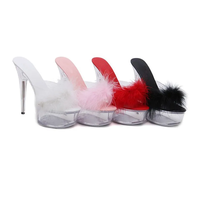 Transparent stiletto sandals, sexy 15 cm, feather uppers fashion dancer slippers