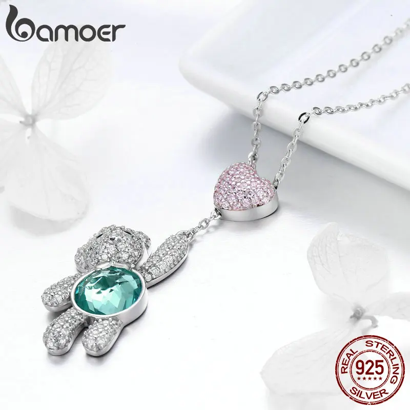 BAMOER-collar con colgante de corazón y oso para mujer, Plata de Ley 100% 925, CZ rosa, Animal lindo, regalo de joyería SCN271