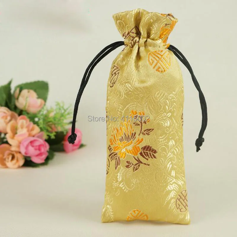 100pcs Patchwork Flower Long Craft Gift Bags Wooden Comb Jewelry Necklace Storage Pocket Silk Satin Packaging Pouch