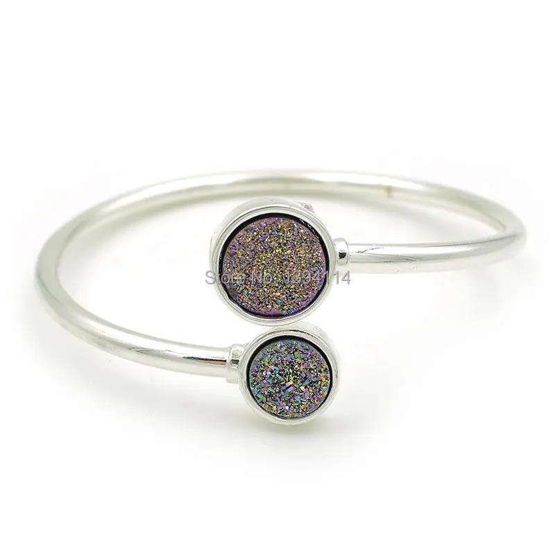 8mm&10mm Combination Of 2 Agates Druzy Round Setting Bracelet Silver Plated Titanium Coated Gold Rainbow Blue Black