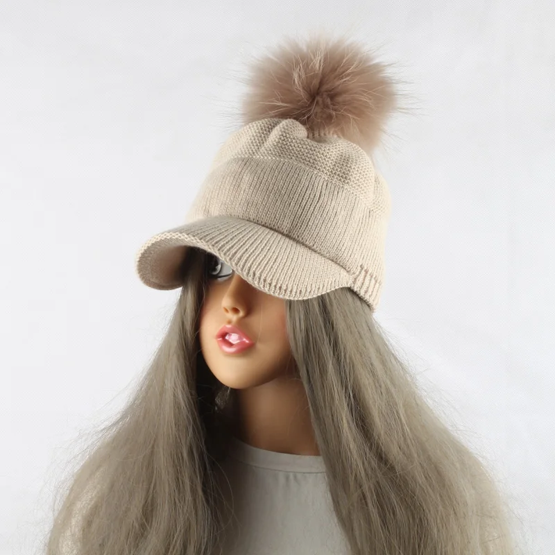 New Winter Fur Pompom Hat For Women Autumn Cotton Knitted Baseball Cap With Pompon Brand Visor Caps Ladies Skullies Beanies