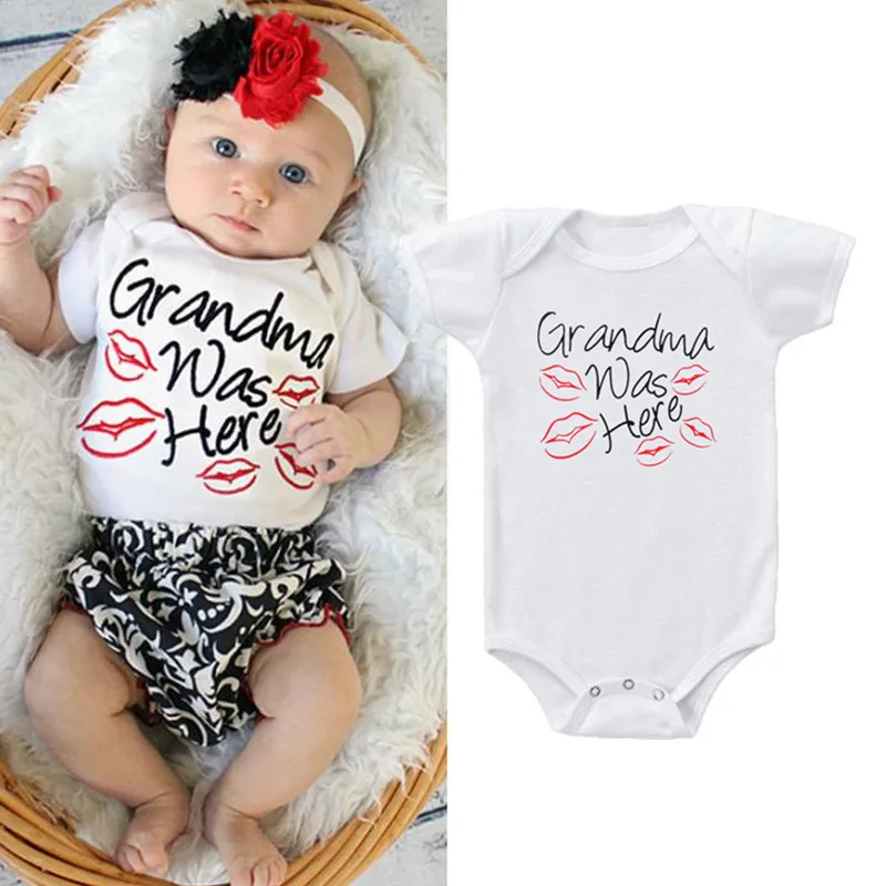 Newborn Baby Boy Girl Short Sleeve Letter Print Grandma Was Here Red Kiss Cotton Romper Baby Jumpsuit Clothes