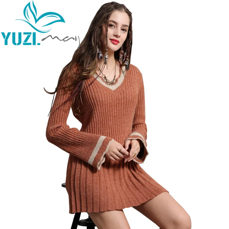 Jurk Vrouwen 2018 Yuzi. kan Vintage Nieuwe Katoen Wol Vestidos V-hals Flare Mouw A-lijn Geel Boho Jurken A82121 Vestido