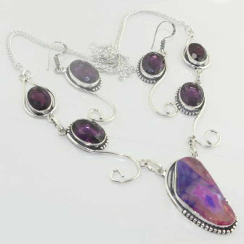 

Solar Quarts & Amethysts Necklace + Ering Silver Overlay over Copper , 54.5cm, N3686