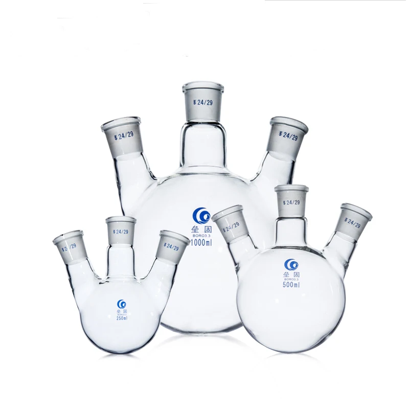 Oblique Three port Glass flask Round bottom Borosilicate glass Standard Mouth three neck flask reactor (#14/19/24)