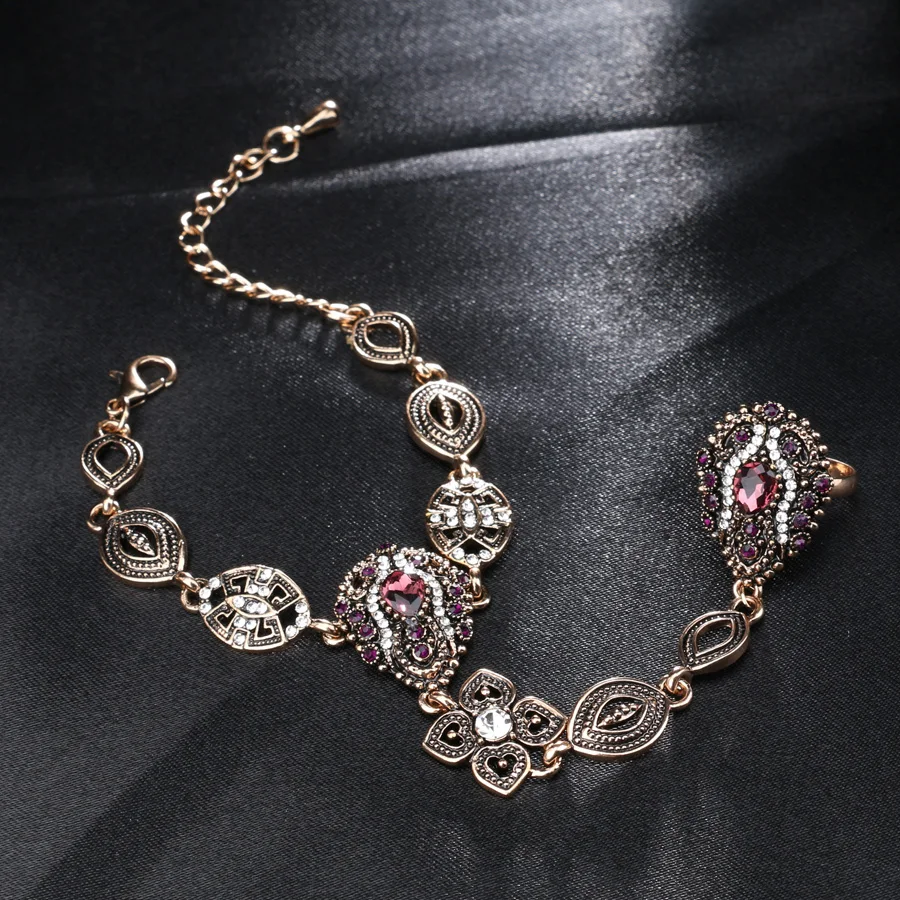 2018 Ethnic Purple Stone Crystal Finger Ring Bracelet Indian Jewelry Antique Gold Bracelets For Women Vintage Accessories