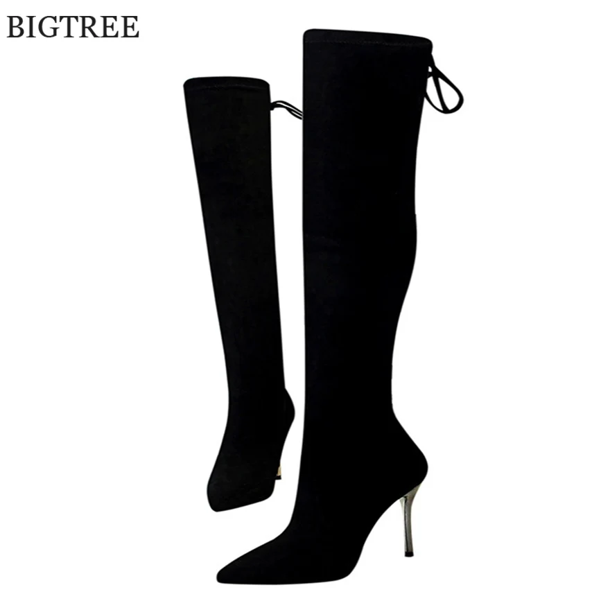 Autumn Winter Women Long Boots Stretch Flock Lace-Up Fashion Woman Over The Knee Boots Black Thigh High Pointed Lady Party Shoes