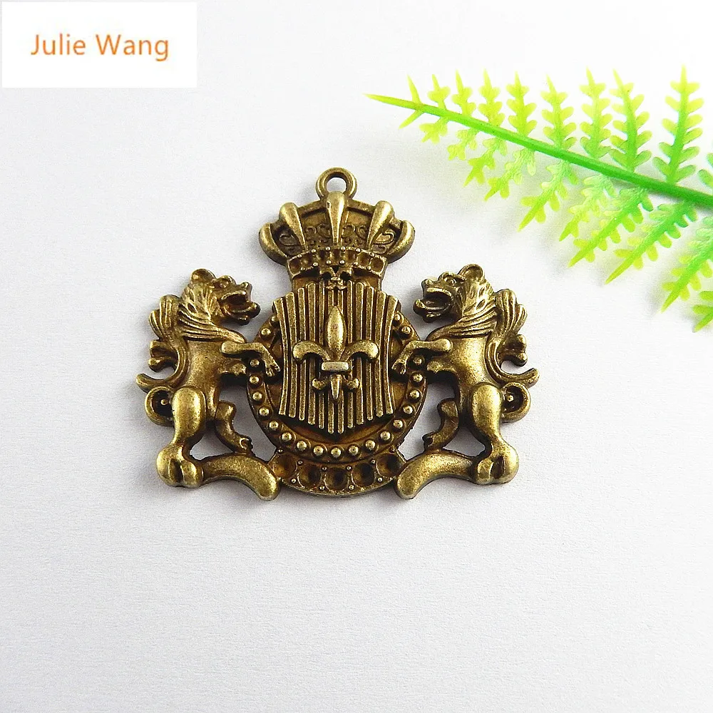 Julie Wang 5PCS Antique Bronze Lion Guardian Badge Charms Pendants Jewelry Making Necklace Gifts Key Chains Accessory