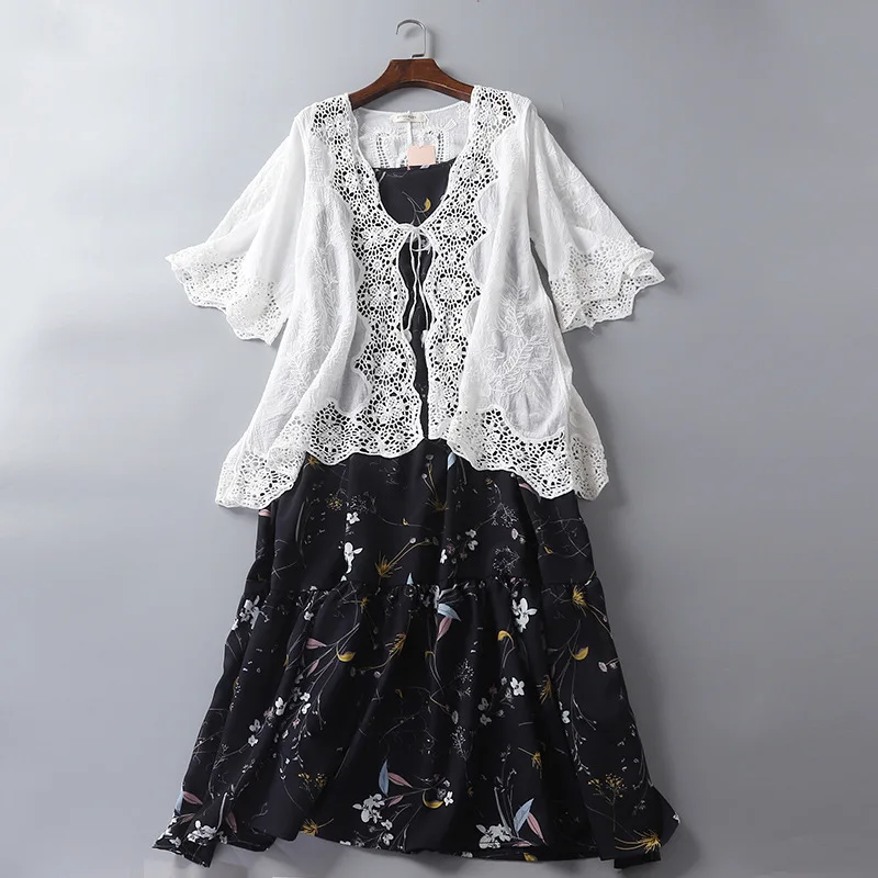 Lace Cardigan Cotton Embroidery Shawl with Belt Seaside Holiday Blouse Top Shirt Women Hollow Out Spring Korean Fashion Clothing