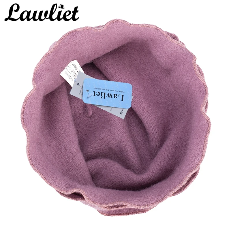 Lawliet Winter Cap Women Beret 1920s GATSBY Style Solid Two Flowers Beanie Wool Hats for Women Ladies Bucket Crochet Hat A285