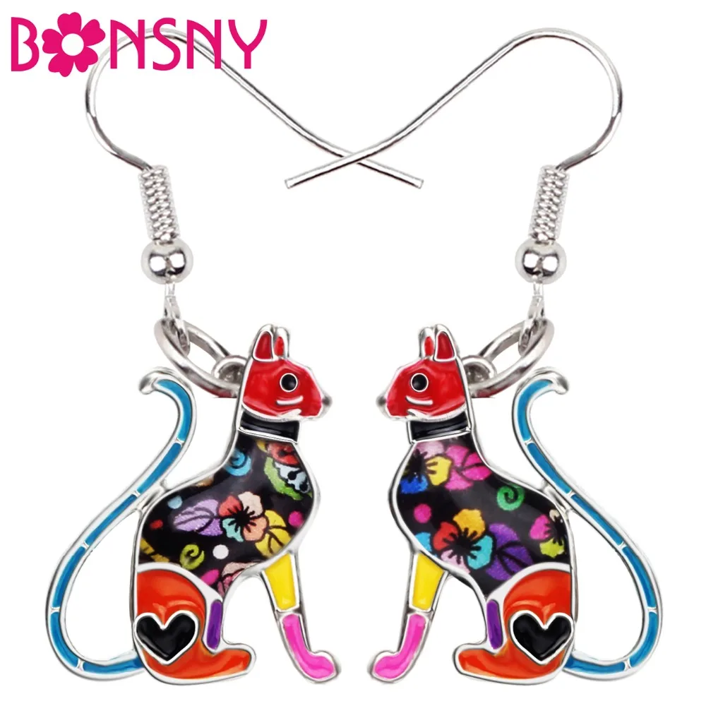 

Bonsny Statement Enamel Alloy Elegant Floral Kitten Cat Earrings Big Long Fashion Cartoon Animal Jewelry For Women Girl Kid Gift