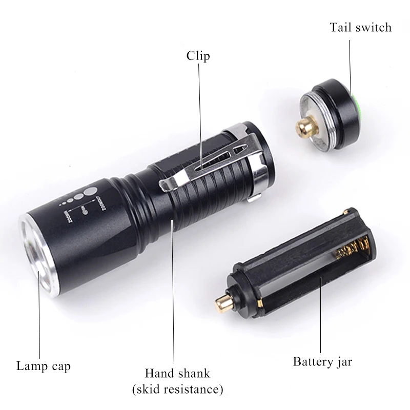 Powerful Zoomable Flashlight 8000Lumens 5 Modes Waterproof Torch Tactical Flashlight Aluminum 18650 or AAA Battery