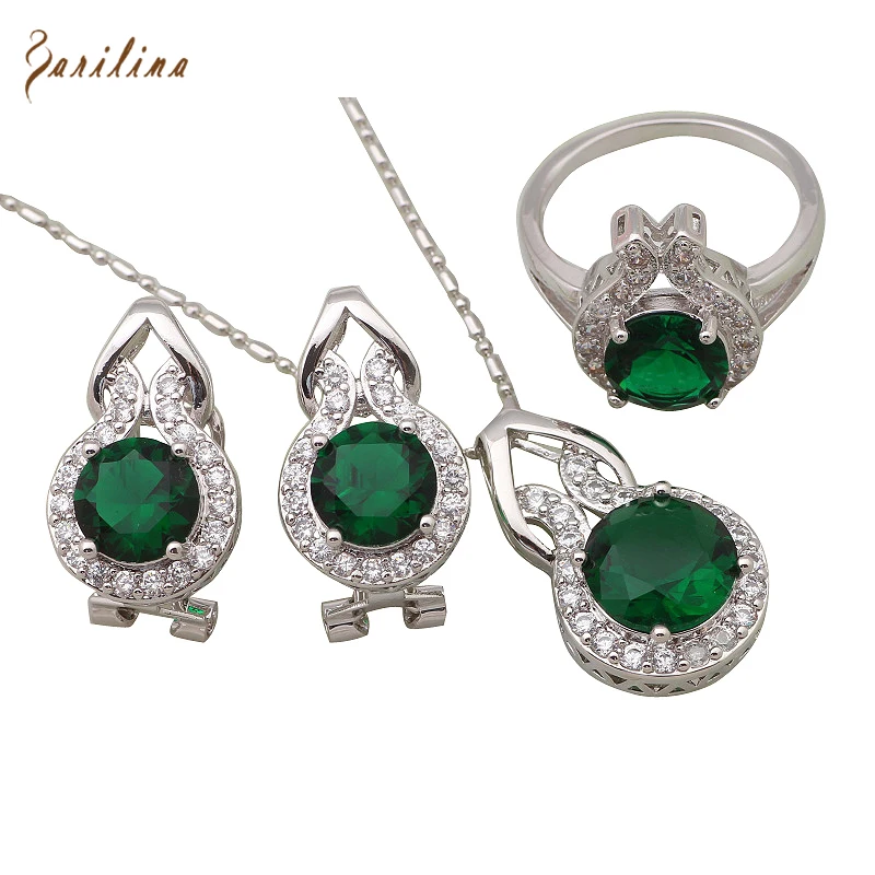 Garilina Fashion Jewelry Sets Luxury Green Stone Silver Plated Pendant/Rings/Hoop Earrings Jewelry Set For Women Girls