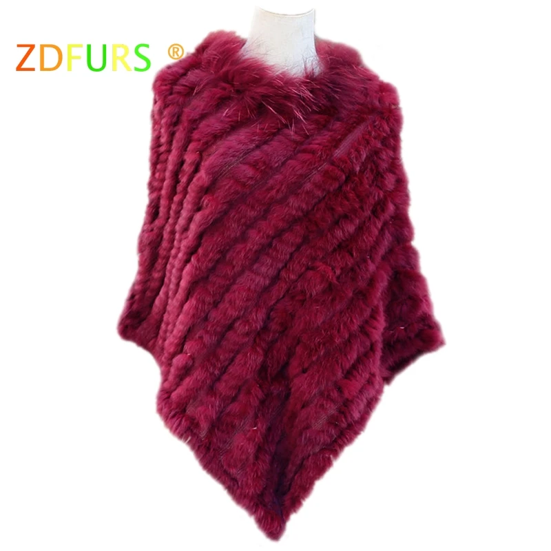 ZDFURS *knitted real rabbit fur poncho plus size raccoon fur collar trim fashion street fur style warps