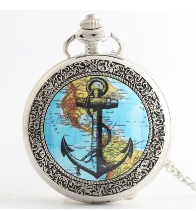 Fashion Bronze Silver Map of Americas and Anchors Quartz Pocket Watch Analog Pendant Necklace Mens Womens Watches Gift PB88