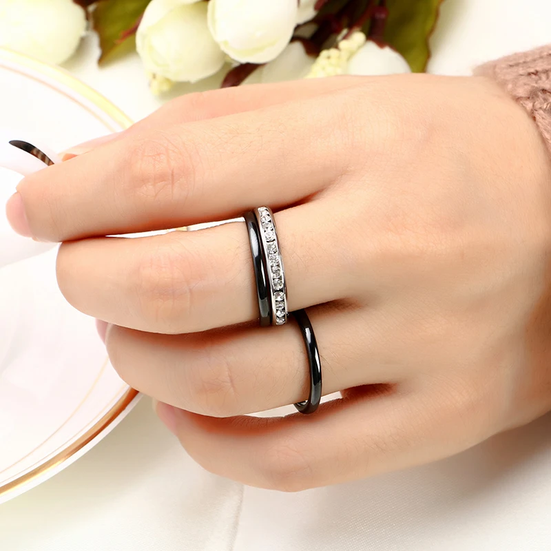 3PCS/Set Modern Colorful Rings Set  Innocuous Health Ceramic Rings With White Stone Crystal For Women Stainless Steel Hot Ring