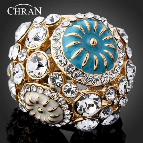 CHRAN Unique Design Enmale Flower Crytsal Promised Rings for Women