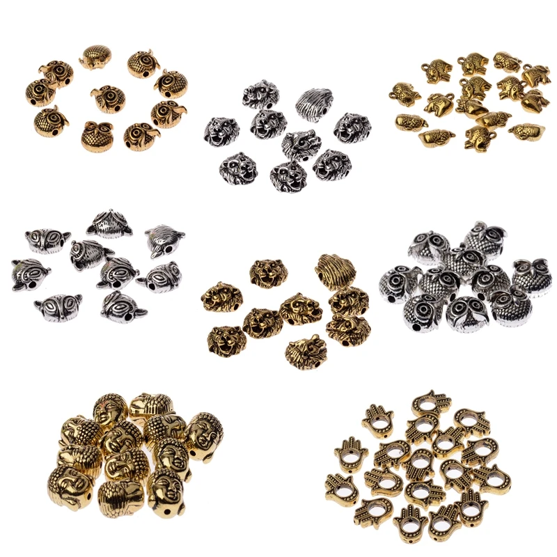 10pcs/lot Animal Shape Metal Charms Buddha Beads DIY Bracelet Antique Gold&Silver Color Lion Head Beads For Jewelry Making