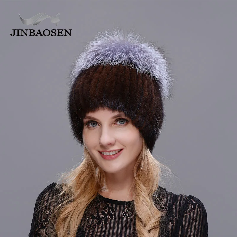 JINBAOSEN Style Winter Female Fur Hat Mink Fur Plus Fox Fur Stitching Knit Liner Fur Ski Hat Free Shipping