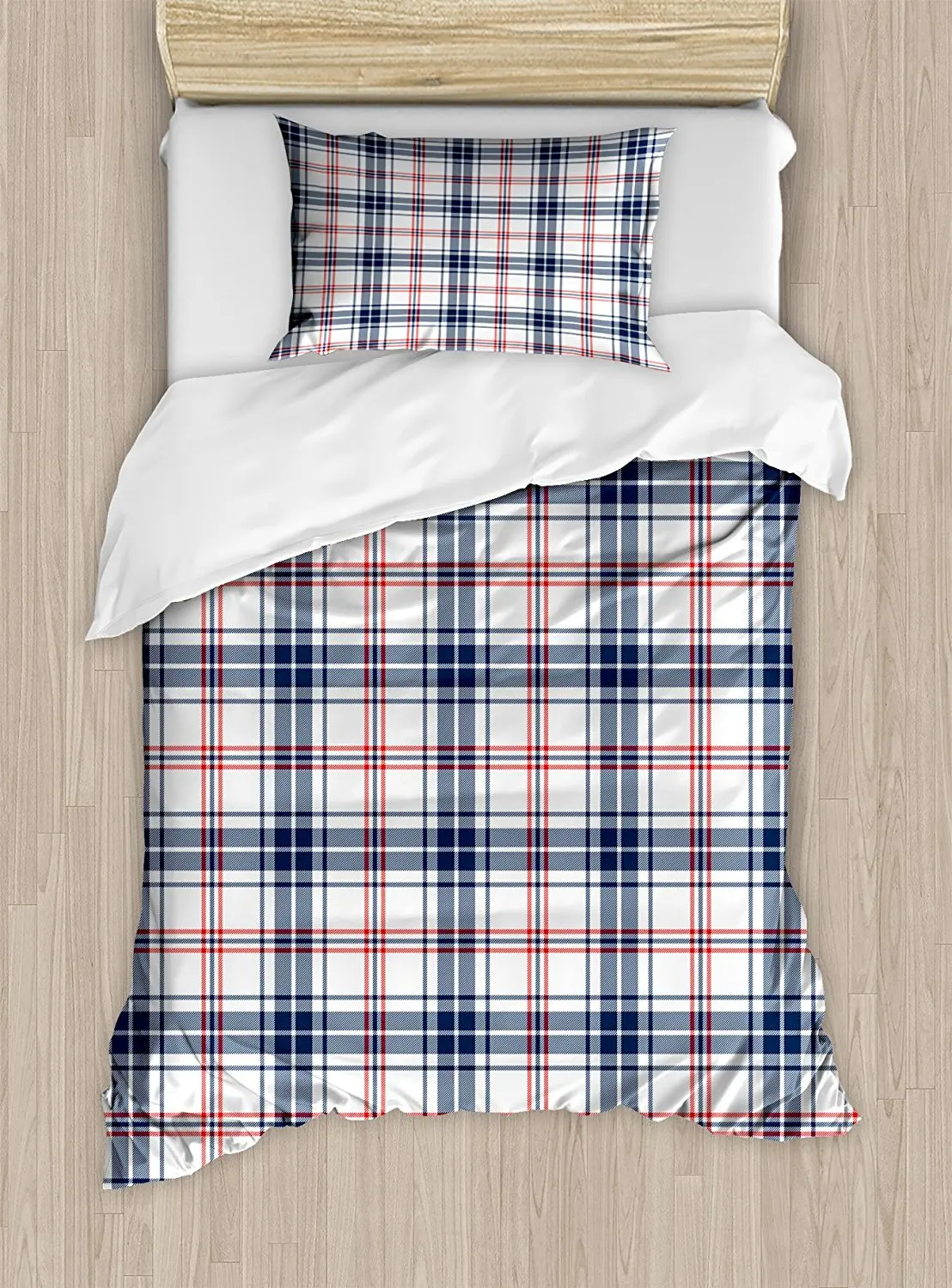 Plaid Duvet Cover Set Traditional Checkered British Country Pattern with Geometric Design Bedding Set Navy Blue Vermilion White