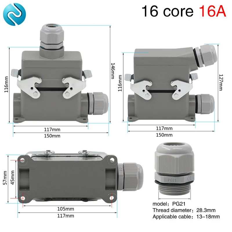 Heavy Duty Connector HDC-HE-016 High Base 16 Core Pins  waterproof Sand Proof Aviation Industry Plug Socket 500V 16A